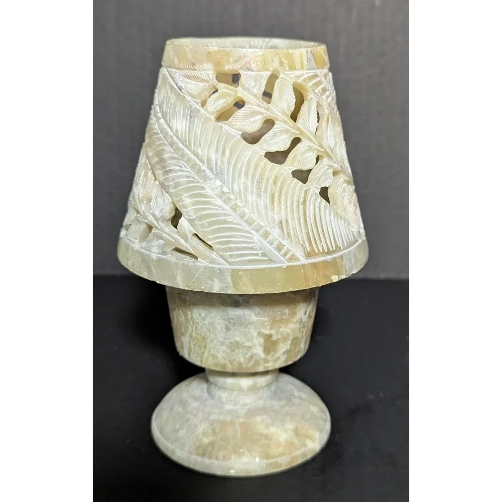 Carved Stone Tealight/Votive Candle Holder and Shade Tones‎ of Yellow & Green 6